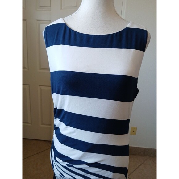 Soft Surroundings Maxi Dress Blue White Stripe Shirred Side M Coastal Nautical - Picture 9 of 16